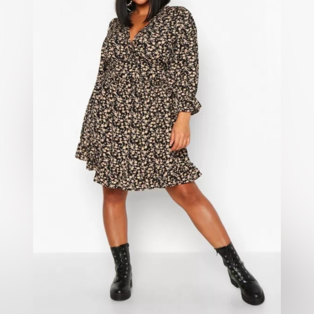 Boohoo Black Floral Long Sleeve Dress